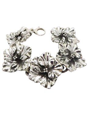 Vintage Chunky 925 Sterling Silver Hibiscus Flower Link 8" Bracelet THAI BT 30g.